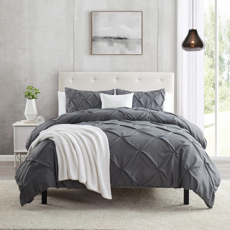 Pinch Pleat Duvet Cover Set, 3 Piece Luxurious Pintuck Comforter Cover by Nymbus