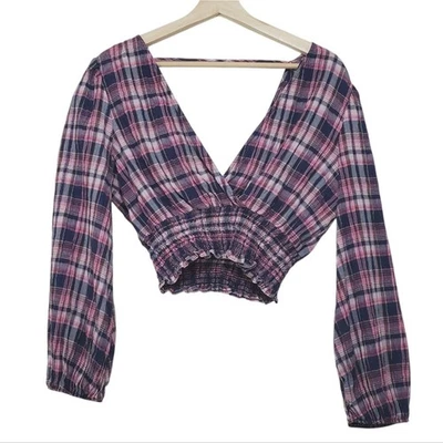 Zara Size Small Plaid Cropped Ruched Waist Long Sleeve Top Deep V Neck - Image 1 of 4