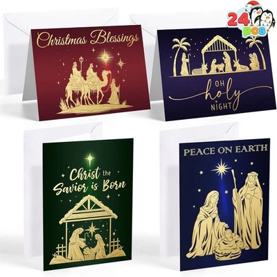 BRANDED 24 PCS Religious Christmas Greeting Cards with Envelopes 4 Designs Boxed Set for