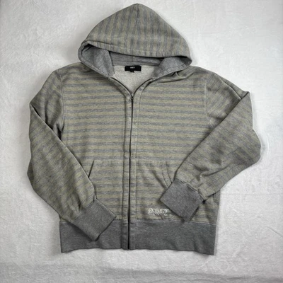 Y2K Obey Grey Full Zip Long Sleeve Striped Hoodie Embroidered Men's Large - Image 1 of 4