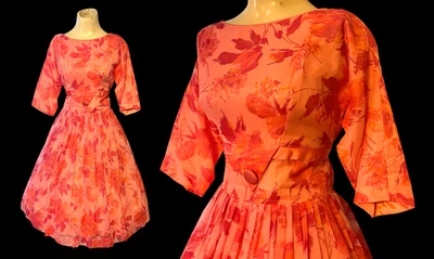 VINTAGE 1950'S FIT & FLARE FLORAL CHIFFON DRESS SWING LAYERED CRINOLINE TULLE - Image 1 of 4