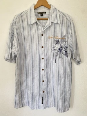 Duke Kahanamoku Men's L Hawaiian Shirt Button Up Blue Stripe Embroidered Flower - Image 1 of 4