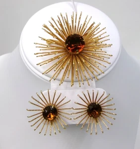 Vintage Sarah Coventry Atomic Sunburst Gold Glas Topas Brosche & Ohrringe Set - Bild 1 von 3