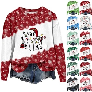 Women's Printed Fashion Round Neck Christmas Loose Tops Long Sleeve Sweatshirt - Picture 1 of 48
