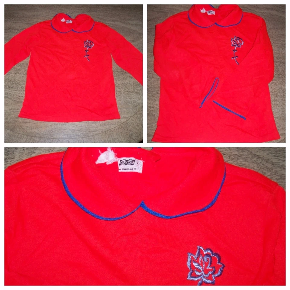 Top 6 Vintage Años 70 Sears Roebuck Rojo y Azul Peter Pan Cuello Rosa Niña Juvenil Foto 1 de 1