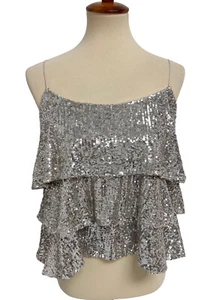 Express Women's Sleeveless Bright Shiny Silver Sequin Ruffled Crop Blouse Size S - Picture 1 of 12