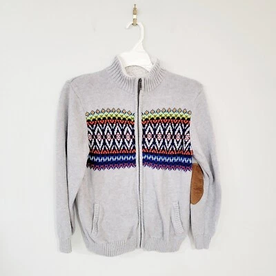 Crazy 8 Gray Full Zip Fair Isle Cardigan W Sweater Elbow Patches Boys SZ 10/12  - Image 1 of 4