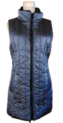 RENUAR Steely Blue QuiltedVest,Long,Luxurious Rain/Wind Resist Faux fur Collar~M - Image 1 of 4