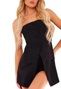 Pretty Little Thing Black Tailored Button Skort Bandeau Playsuit UK Size 8 - Picture 1 of 7