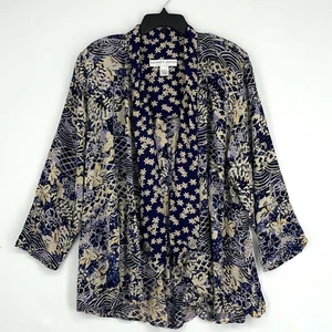 Kathryn Deene Women 14 16 Blazer Jacket Navy Beige Floral 100% Rayon USA Vintage - Picture 1 of 8