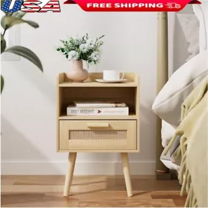 Rattan Nightstand Wooden End Table Storage Drawer Bedroom Living Room Furniture - Picture 1 of 10