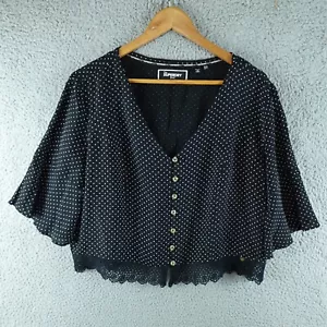 Superdry Womens Top 16 Black Button Ploka Dot Lined V Neck Edit Wide Sleeve - Picture 1 of 9