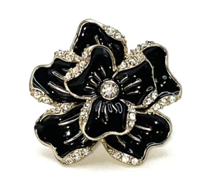 Black Crystal Flower Enamel Gold Stretch Cocktail Statement Ring Huge Vintage - Picture 1 of 8
