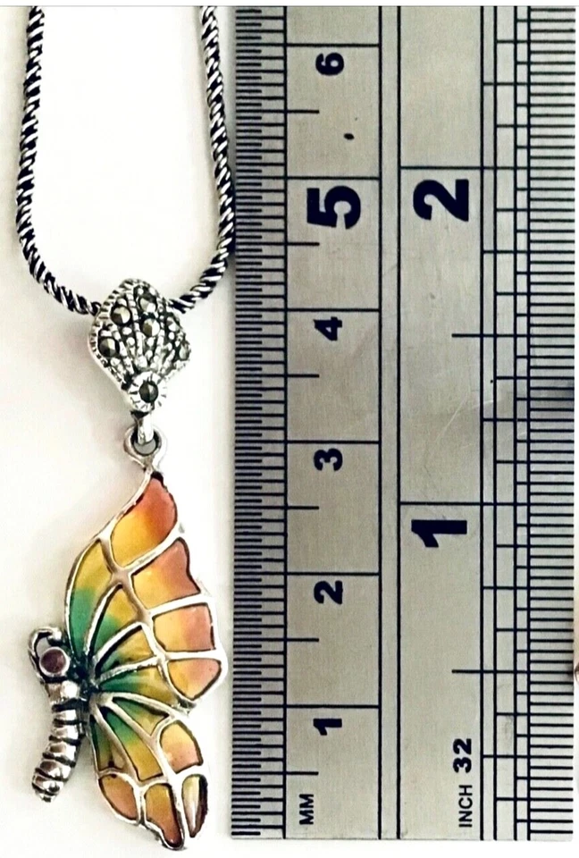 Sterling Silver Plique a Jour Art Nouveau Deco Butterfly Pendant Chain Necklace - Image 1 of 1