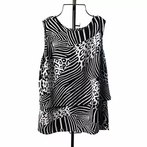 Chico’s Sz 1 Blouse Zebra Cheetah Sleeveless Round Neck Blouse black white - Picture 1 of 13