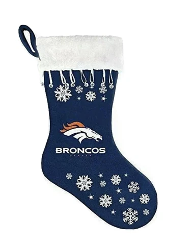 Denver Broncos NFL Snow flake Christmas Santa Stocking With Bells NWT Cover
