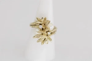 Vintage 14K Yellow Gold Sz 6.75 Pearls & Diamond Bypass Flower Ring - 0.12 ctw - Picture 1 of 5