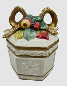 Fitz and Floyd Snowy Woods Fruit & Gold Ribbon Trinket Box Candy Dish 1996 - Picture 1 of 8