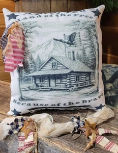 Vintage inspired Patriotic Cabin decorative pillow handmade w/rusty Star - Picture 1 of 3