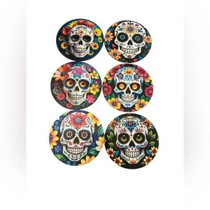NEW set of 6 wood coasters 4 inches colorful sugar skulls - Picture 1 of 1