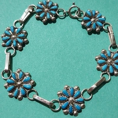 Zuni Silver Petit Point Floral Sleeping Beauty Turquoise Clusters Bracelet 7" - Image 1 of 3