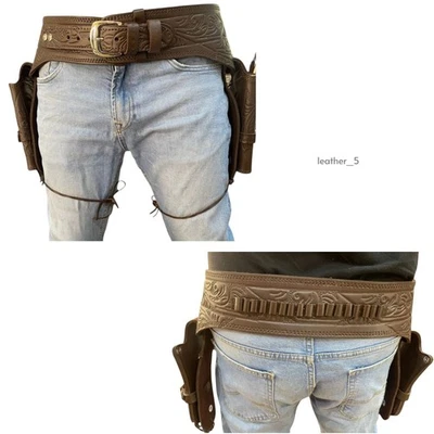New Cowboy Western Double Gun Holster Belt Revolver Embossed BROWN Leather Loops - Image 1 of 4