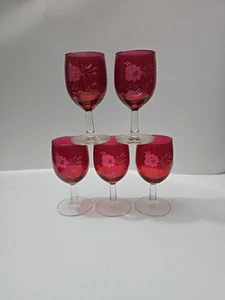 Bohemian Czech Cranberry Red Cut To Clear Wine Glasses On Stem Set Of 5 - Picture 1 of 7