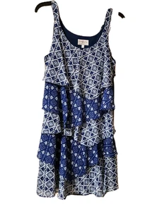 Bethany Womans Tiered Dress Blue White Sleeveless Round Neck 6P NWT - Picture 1 of 4