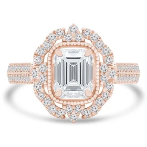 1.64 CT Emerald VS1 F Lab Created Diamond Halo Engagement Ring 14K Rose Gold - Picture 1 of 3