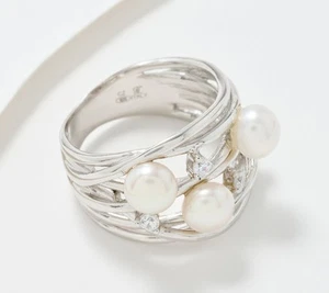 Honora Sterling Silver Cultured Pearl & Cubic Zirconia Highway Ring, Size 6 - Picture 1 of 1