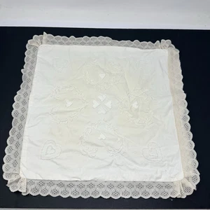 Vintage Pillow Cover Ivory Needle Work & Lace Cotton 17.5" Square for 15" Pillow - Picture 1 of 8
