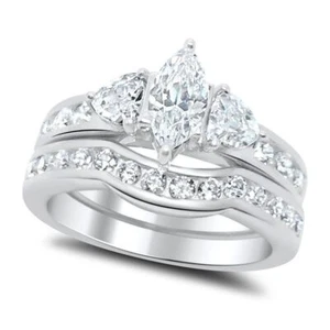 1.15CT White Marquise Cut Simulated Diamond Wedding Matching Set 925 Silver Ring - Picture 1 of 3
