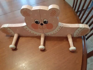 Girl's Wood Peg Hanger/Clothing Pegs. Pink Bear.  Hand Painted - Picture 1 of 4