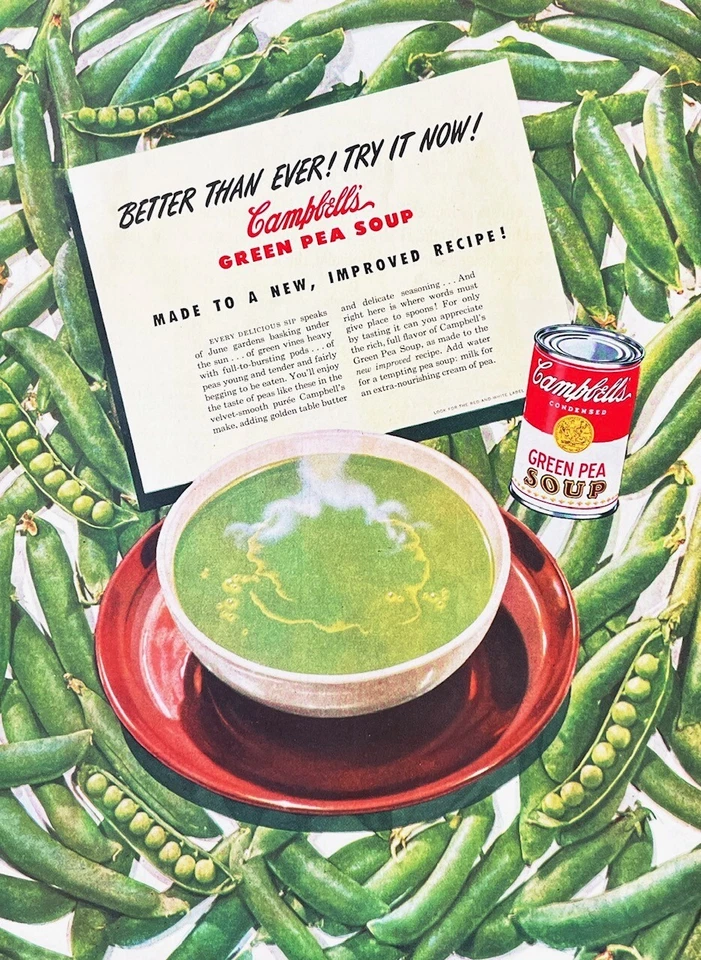 1947 SOPA DE ERVILHA VERDE CAMPBELL'S anúncio impresso vintage genuíno - Imagem 1 de 1