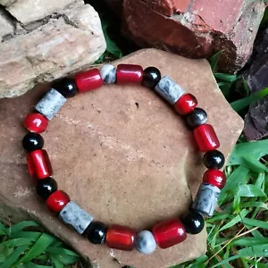 Stone Bracelet :  Handmade : Red Vintage Glass : Gold Obsidian : Maifanite 8mm - Picture 1 of 5