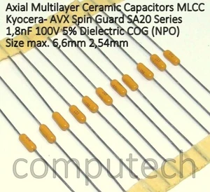 10 pezzi 1,8nF 100V 5% Condensatore Assiale MLCC, AVX Spin Guard SA20 Serie COG - Imagen 1 de 1