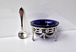 schöne alte 830 Silber Saliere Salzgefäß mit blauen Glaseinsatz & Löffel - Bild 1 von 8