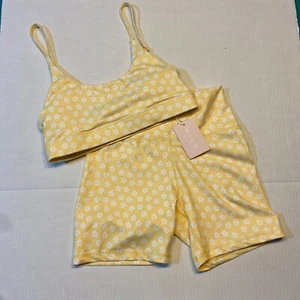 WILO the Label Summer Ditsy Daisy Sports Bra Biker Shorts Set (LEMON) Workout - Picture 1 of 8