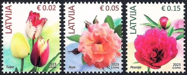 Latvia 2023 (02) Definitives - Flowers - Tulip - Rose - Peony - Image 1 of 1