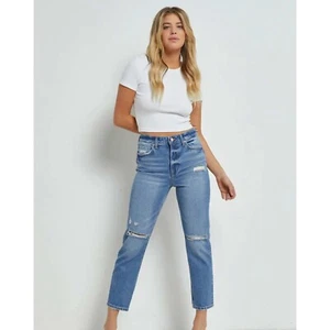 NEW Mica Carignan High Rise Straight Crop Womens Jeans Distressed Denim Size 32 - Picture 1 of 8