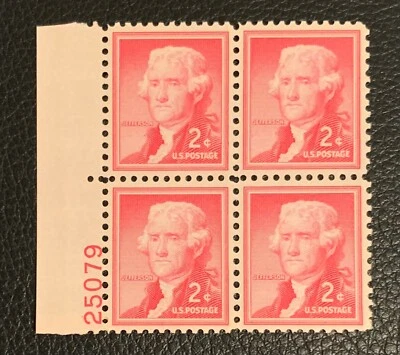 1954 UNITED STATES SCOTT #1033 THOMAS JEFFERSON RED 2C PLATE BLOCK OF 4 OG MNH - Image 1 of 3