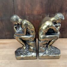 Vintage Brass Plated Bookends Rodin The Thinker Seated Nude Male Copyright 1928