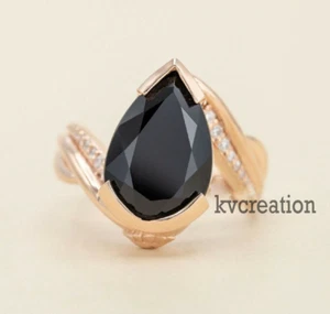 2.10 Ct Black Pear Moissanite Solitaire Bypass Ring with Onyx in 10K Yellow Gold - Picture 1 of 5