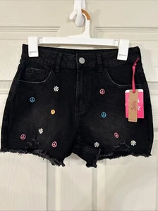 Justice Soft Stretch Peace Design Denim Mini Mom Shorts Size 16 “NEW” - Picture 1 of 3