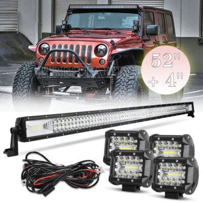 Tri-Row 52 inch 700W LED Light Bar Combo Spot Flood Truck Offroad + 4" Pods Kit - Image 1 of 4