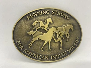 Vintage Original "Running Strong For American Indian Youth" Brass Belt Buckle - Picture 1 of 5