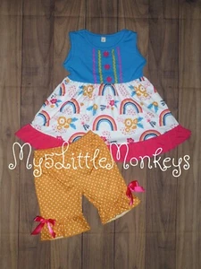 NEW Boutique Rainbow Tunic Dress & Ruffle Shorts Girls Outfit Set - Picture 1 of 4
