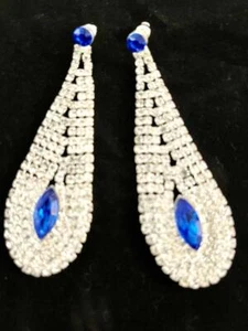 Elegant CZ with Blue Sapphire Dangling Pierced Earrings - Picture 1 of 5