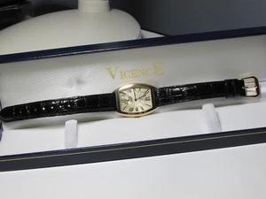 "VicencE" 14k Yellow Gold Women's Watch w/Guilloche Dial and Black Leather Band - Picture 1 of 11