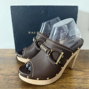 Ralph Lauren etichetta viola marrone scuro Y2K fibbia punta aperta tacchi in legno taglia UK 7 - Foto 1 di 6